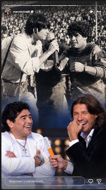Dos fotografías combinadas de Marcelo Tinelli cuando entrevista a Diego Maradona en una cancha de fútbol y en un estudio televisivo