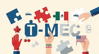Ilustración plana de tres manos que intentan unir piezas de rompecabezas formando 'T-MEC', con símbolos de autos, acero y lácteos dispersos, sobre fondo crema.