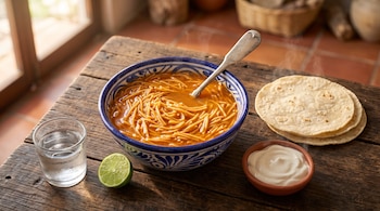 Tazón azul de cerámica con sopa de fideo, tortillas de maíz, vaso de agua, medio limón y recipiente con crema sobre una mesa de madera.