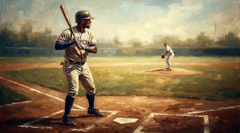 Pintura al óleo de un bateador de béisbol dominicano con casco y uniforme, parado en la base de home con un bate, mirando al lanzador en el montículo.