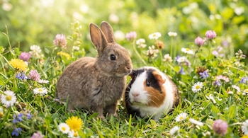 Un conejo de pelaje marrón y una cobaya tricolor sentados en el césped entre margaritas y flores de trébol.