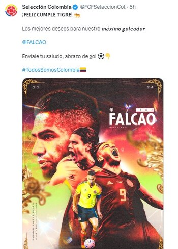 La Federación Colombiana de Fútbol publicó un mensaje para celebrar los cumpleaños de Radamel Falcao García - crédito FCF Selección Colombia
