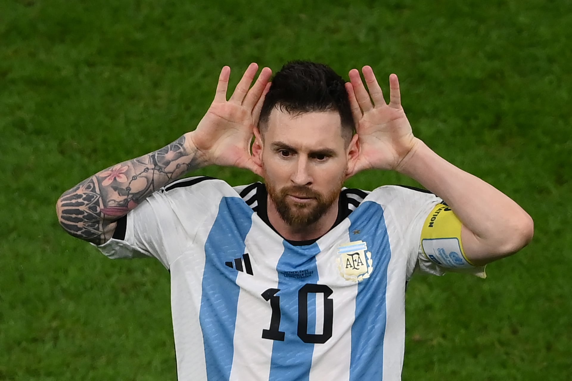 El enojado festejo de Messi contra Holanda en el Lusail Stadium, de Doha, el 9 de diciembre de 2022 (Franck Fife / AFP)