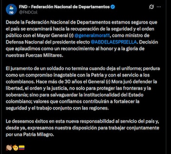 Federación Nacional de Departamentos - crédito @FNDCol/X
