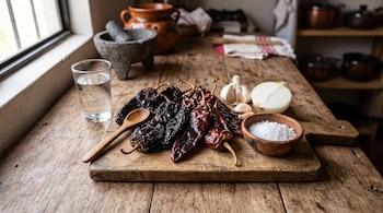 Chiles secos, dientes de ajo, media cebolla, sal de grano, un vaso con agua y un molcajete sobre una mesa de madera.