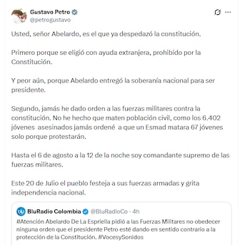 Gustavo Petro respondió a las declaraciones de Abelardo de la Espriella y lo acusó de vulnerar la Constitución - crédito @petrogustavo/X