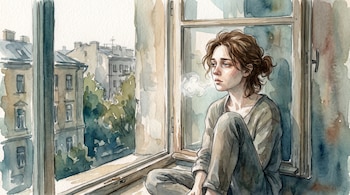 Ilustración de acuarela de persona sentada en el alféizar de una ventana abierta, exhala una nube de aire, mira hacia un paisaje urbano.