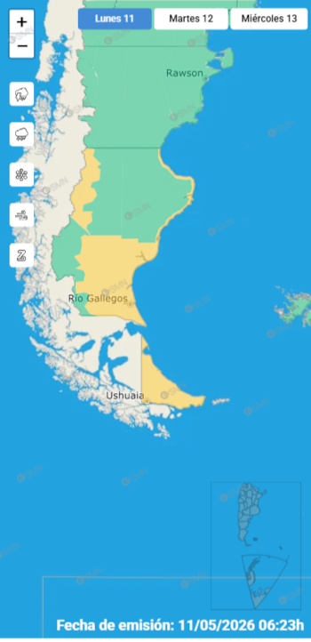 Mapa meteorológico de la Patagonia argentina con zonas coloreadas en verde y amarillo indicando alertas. Se ven ciudades como Rawson, Río Gallegos y Ushuaia, e iconos de tiempo