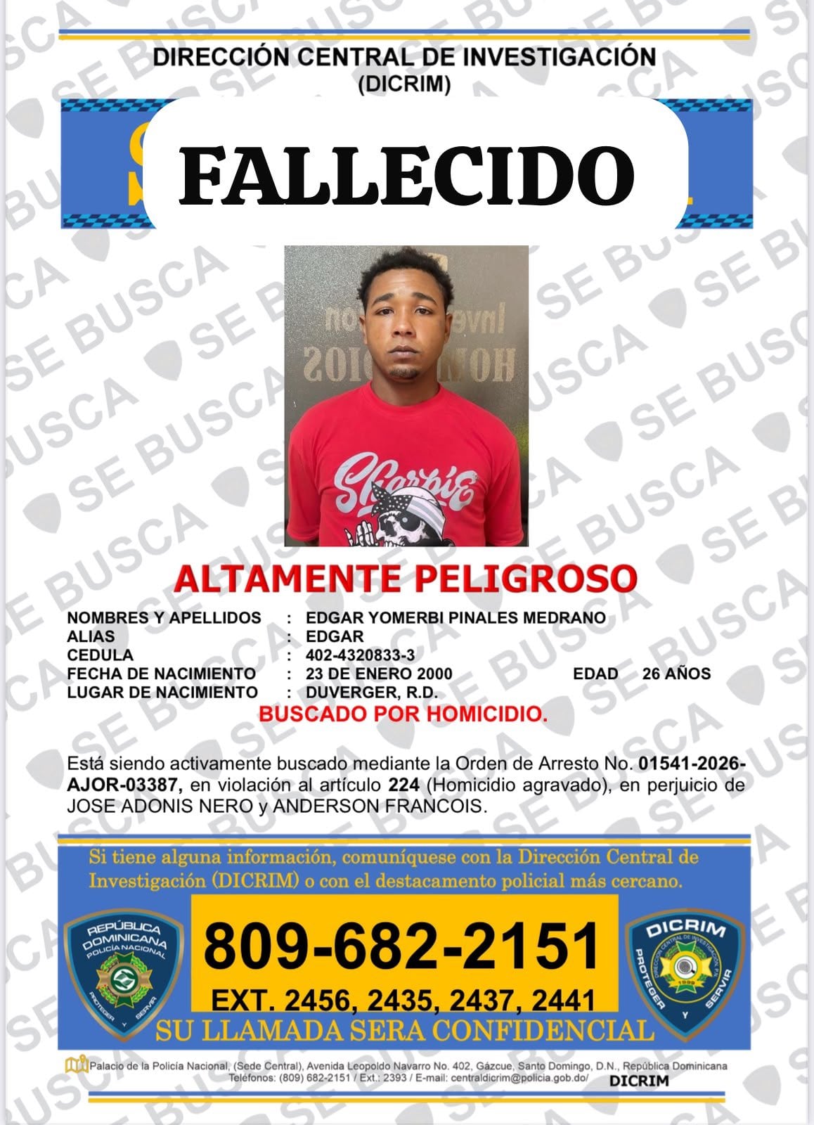 La Policía Nacional de República Dominicana abatió a dos presuntos delincuentes peligrosos en operativos registrados en Santo Domingo Este y San Cristóbal. (Foto cortesía Policía Nacional República Dominicana)