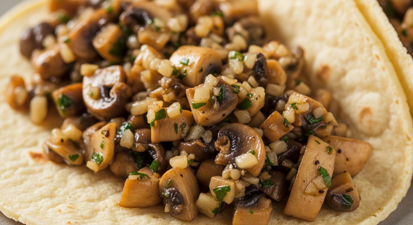 Primer plano de un relleno jugoso y dorado de champiñones al ajillo sobre una tortilla de maíz, presentado con un fondo neutro. (Imagen Ilustrativa Infobae)