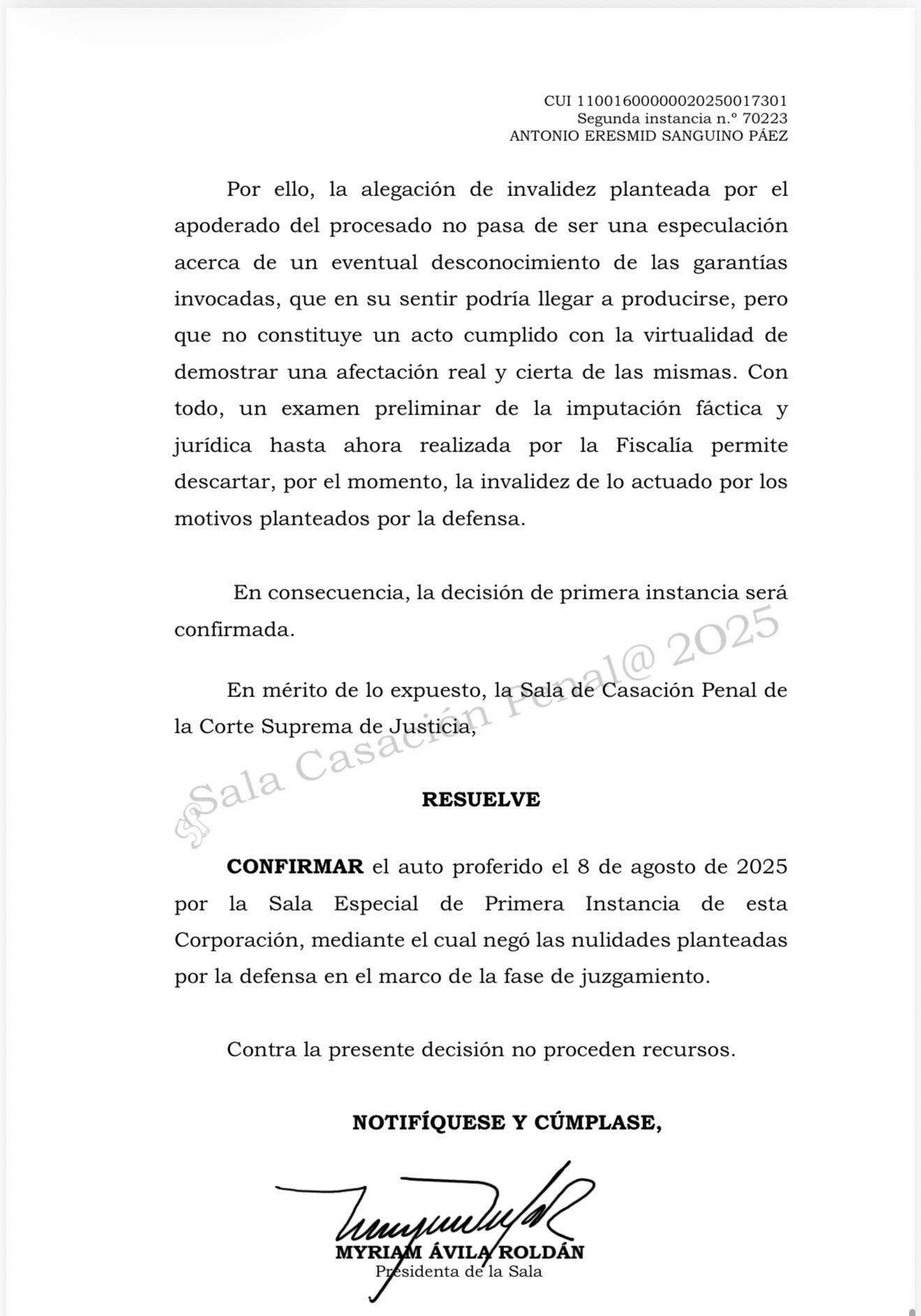La Corte Suprema de Justicia confirmó la negativa a la solicitud de nulidad presentada por Antonio Sanguino - crédito Corte Suprema de Justicia