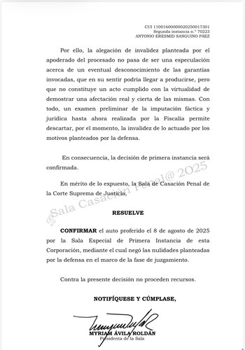 La Corte Suprema de Justicia confirmó la negativa a la solicitud de nulidad presentada por Antonio Sanguino - crédito Corte Suprema de Justicia
