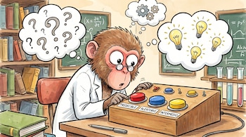 Caricatura de un macaco japonés científico con gafas frente a una caja con botones "PREDECIBLE", "ALEATORIO", "INTERMEDIO". Burbujas con signos de interrogación y bombillas.