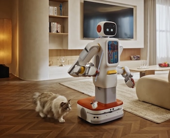 Un robot humanoide blanco y gris con una pantalla facial y brazos mecánicos sostiene un juguete para gatos frente a un gato peludo en un moderno salón