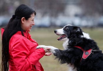Postdoctoral researcher Laura V. Cuaya talks to her dog Kun-kun, an 8-year-old Border Collie, at the Ethology Department of the Eotvos Lorand University in Budapest, Hungary, January 5, 2022. Picture taken January 5, 2022. REUTERS/Bernadett Szabo