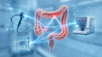 Imagen 3D del intestino grueso humano con pólipos. Un colonoscopio, un kit de heces y un analizador de sangre se conectan con el colon mediante haces de luz sobre fondo azul.