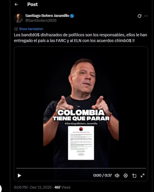 Santiago Botero criticó el parto armado del ELN - crédito @Santibotero2026