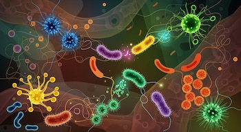 Ilustración digital de múltiples bacterias de diversos colores y formas, como cocos y bacilos, flotando en un fondo abstracto con tonos tierra, verde y naranja.