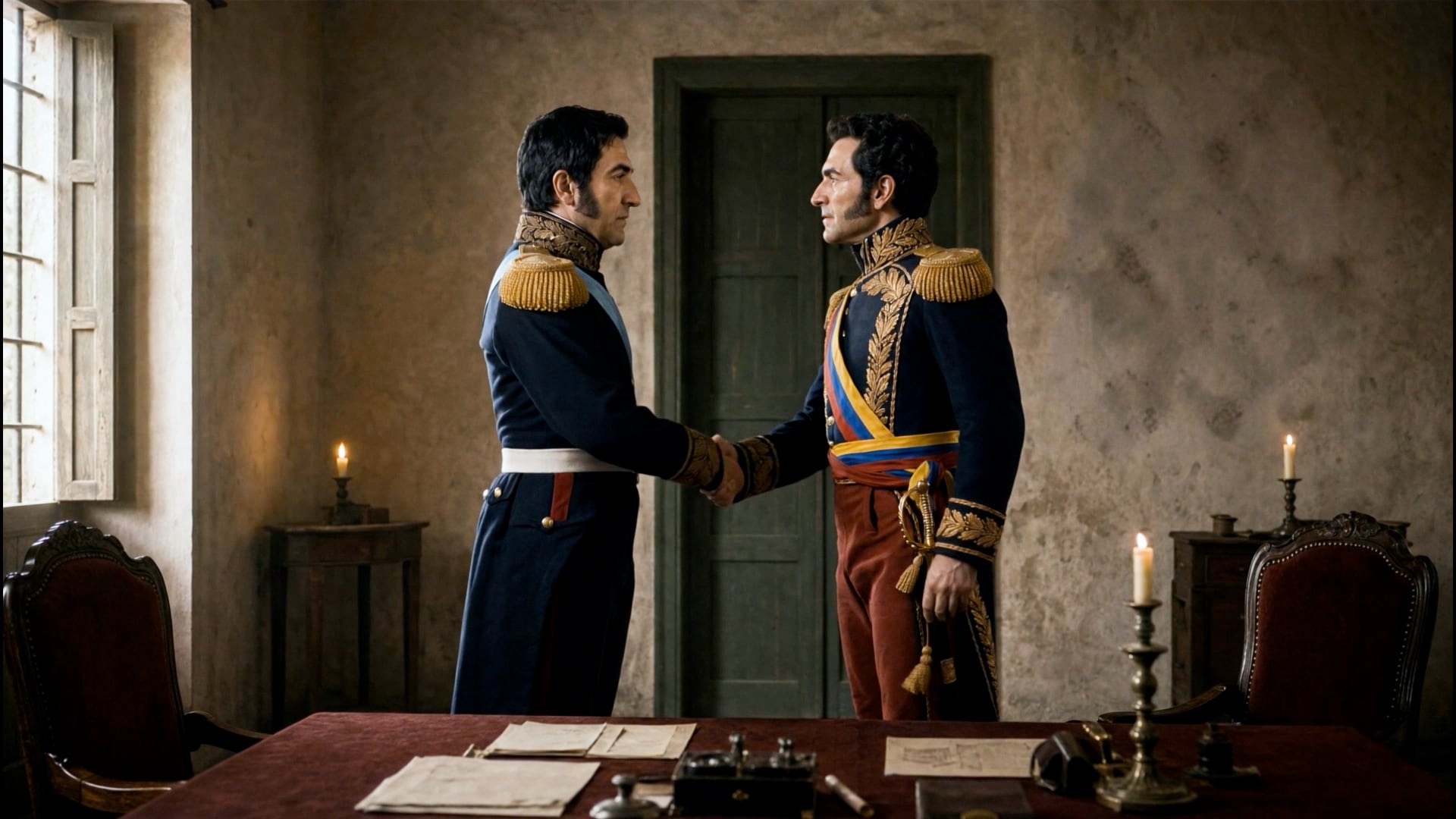 Los generales Simón Bolívar y José de San Martín estrechan sus mano, en la recreación del corto