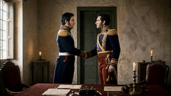 Dos hombres con uniformes militares históricos se estrechan las manos. Hay una mesa con papeles, dos candelabros y sillas en una habitación antigua