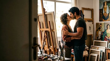 Una pareja se besa de perfil en un estudio de arte, con un caballete y una ventana luminosa detrás. Se ven pinturas y materiales de arte