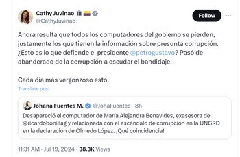 Catherine Juvinao cuestionó al presidente Gustavo Petro por desaparición de computadores - crédito @CathyJuvinao/X