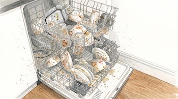 Ilustración en acuarela de un lavavajillas abierto con cestas cargadas de platos, vasos, frascos y cubiertos con manchas de comida.