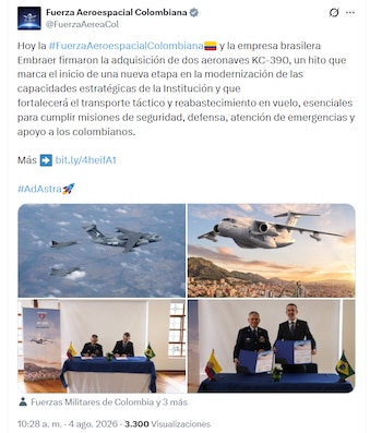 El anuncio se oficializó la mañana del martes 4 de agosto de 2026 - crédito @FuerzaAereaCol/X