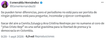 Esmeralda Hernández cuestionó salida de Camila Zuluaga y Ana Cristina Restrepo de Blu Radio - crédito @EsmeHernandezSi