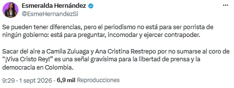 Esmeralda Hernández cuestionó salida de Camila Zuluaga y Ana Cristina Restrepo de Blu Radio - crédito @EsmeHernandezSi