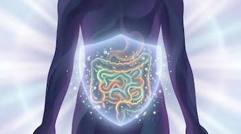 Ilustración digital de una silueta humana oscura con un sistema digestivo brillante y colorido, bacterias intestinales luminosas y un escudo de luz azul claro en el abdomen.