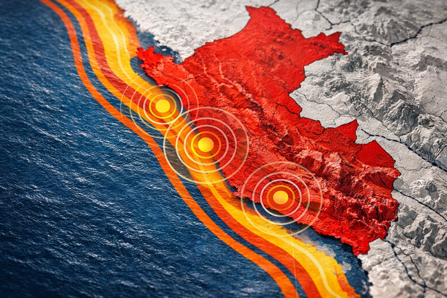 Mapa detallado muestra la costa sur de Perú resaltada en rojo, con líneas onduladas que marcan el Cinturón de Fuego del Pacífico y círculos concéntricos que indican epicentros sísmicos recientes, reflejando el constante monitoreo de la actividad telúrica en la región. (Imagen Ilustrativa Infobae)