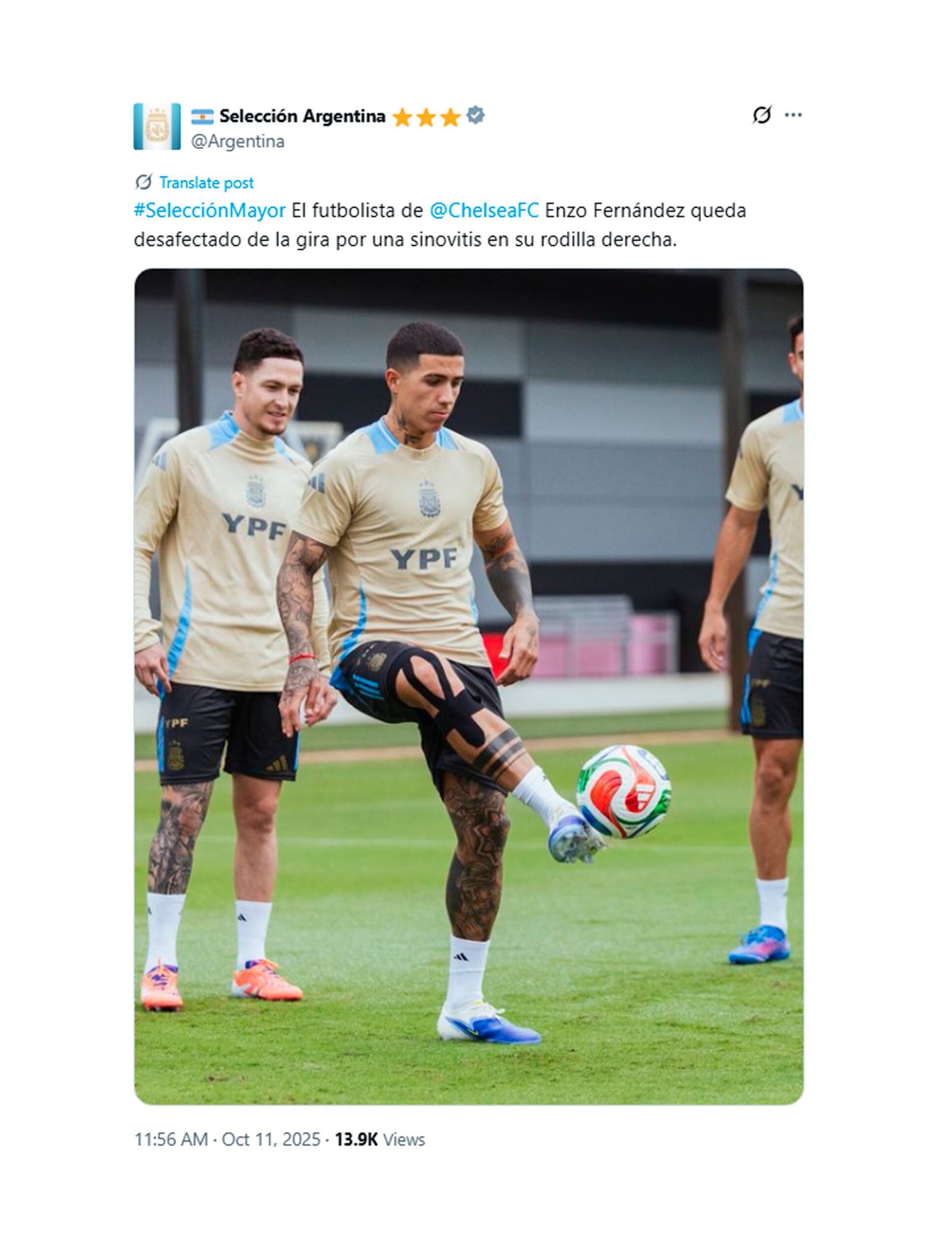 La selección argentina confirmó que Enzo Fernández fue desafectado de la convocatoria