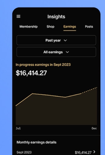 Captura de pantalla de aplicación móvil de 'Insights'. Incluye panel de control, gráfico de línea de ingresos y monto de $16,414.27 para septiembre de 2023