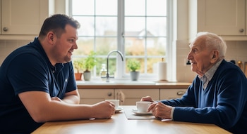 Un hombre de mediana edad y un hombre mayor sentados frente a frente en una mesa de madera con tazas de café en una cocina luminosa.