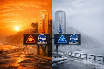 Imagen dividida de ciudad costera: izquierda, cielo naranja, sol, 40°C, asfalto caliente; derecha, cielo gris, nieve, -0°C, neblina. Señales SENAMHI en ambos lados.