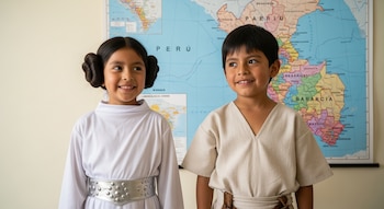 Una niña con disfraz de Leia y un niño con disfraz de Luke Skywalker, ambos sonrientes, posan frente a un mapa político de Perú.