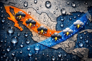 Mapa de México con franjas naranja y azul. Incluye iconos de nubes, relámpagos y gotas de lluvia. Gotas de agua transparentes cubren la superficie del mapa.