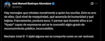 El vicepresidente José Manuel Restrepo calificó la publicación del caricaturista como una muestra de falta de humanidad - crédito @jrestrp / X