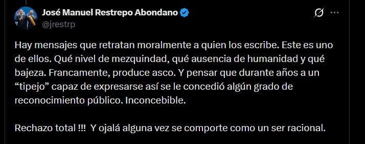 El vicepresidente José Manuel Restrepo calificó la publicación del caricaturista como una muestra de falta de humanidad - crédito @jrestrp / X