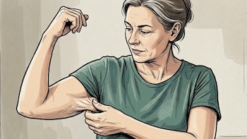 Pintura digital de una mujer madura con cabello gris, camiseta verde, examinando su brazo y pellizcando la piel flácida