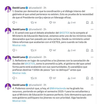 Con este mensaje, el senador David Luna lanzó duras críticas al ministro de Educación, Daniel Rojas Medellín - crédito @lunadavid/X
