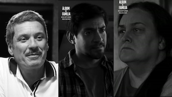 Tres fotografías en blanco y negro alineadas muestran los rostros de un hombre con bigote, un joven de camisa a cuadros y una mujer