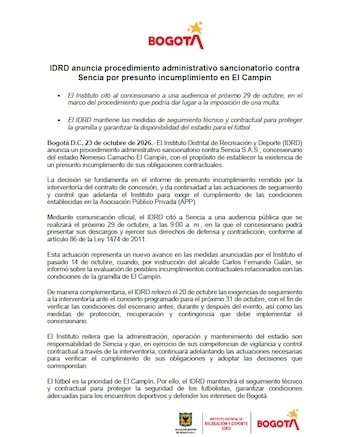 El organismo público citó para el 29 de octubre de 2026 a Sencia, administradores del estadio El Campín para que expliquen lo que pasa en la gramilla -crédito IDRD