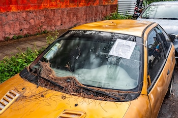 Un vehículo con señales de abandono y notificación oficial en el parabrisas permanece estacionado en la vía pública de la colonia Zacamil, previo a su retiro por parte de las autoridades municipales de San Salvador Centro (Cortesía).