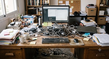 cables - escritorio - espacio de trabajo - tecnología - 30 de junio