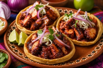 Tres sopes de maíz con pulpo adobado, cebolla morada, col y cilantro en un plato de barro con trozos de lima al lado.