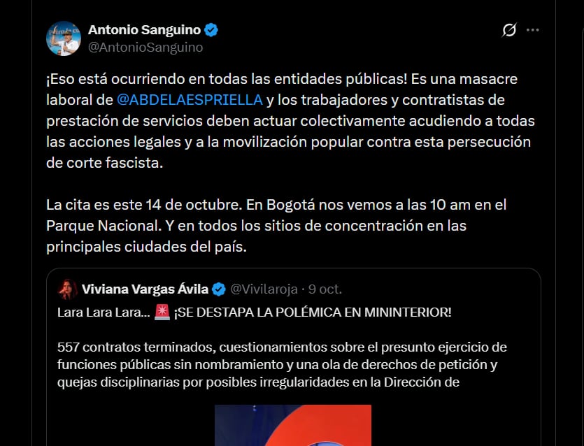 Antonio Sanguino sostuvo que la terminación anticipada de contratos se extiende a diversas entidades públicas del Estado - crédito X