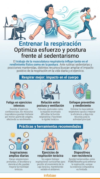 Infografía con personas trabajando, corriendo, y diagramas de anatomía respiratoria junto a texto explicativo sobre entrenamiento de la respiración.