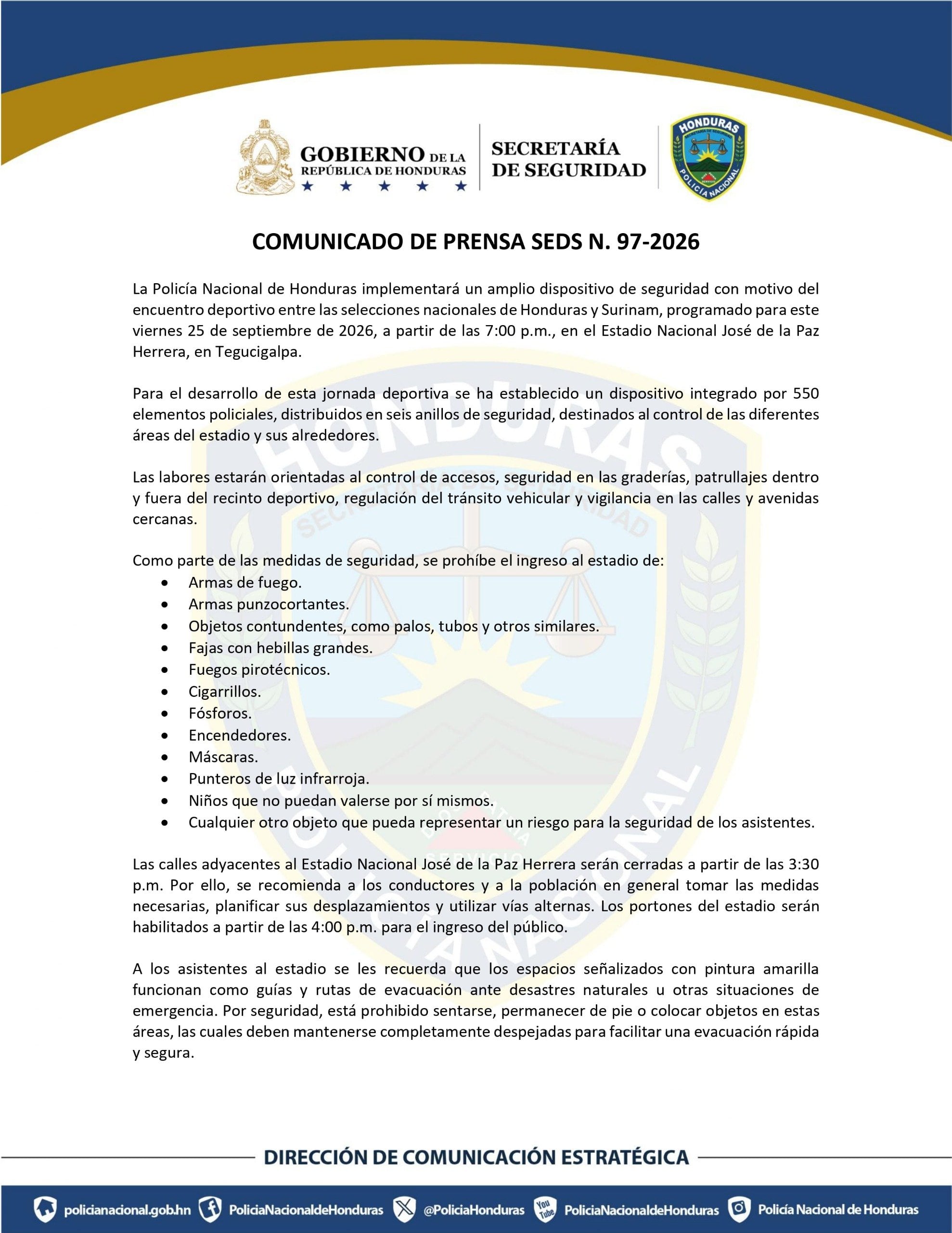 La Policía Nacional desplegará 550 agentes para garantizar la seguridad en el partido entre Honduras y Surinam. (Cortesía: Policía Nacional de Honduras)